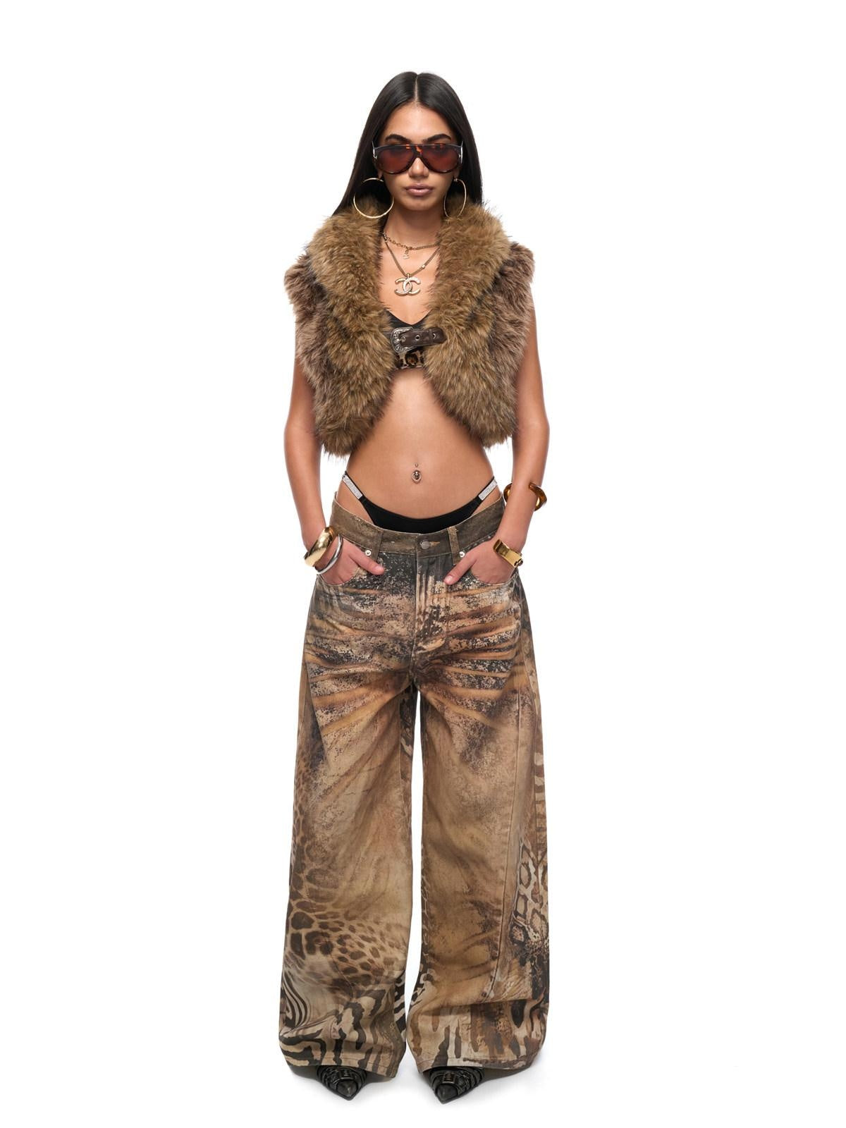 JYOSEI Faux Fur Trim Cropped High Waisted V-neck Thick Brown Sexy Women Polyester Vests