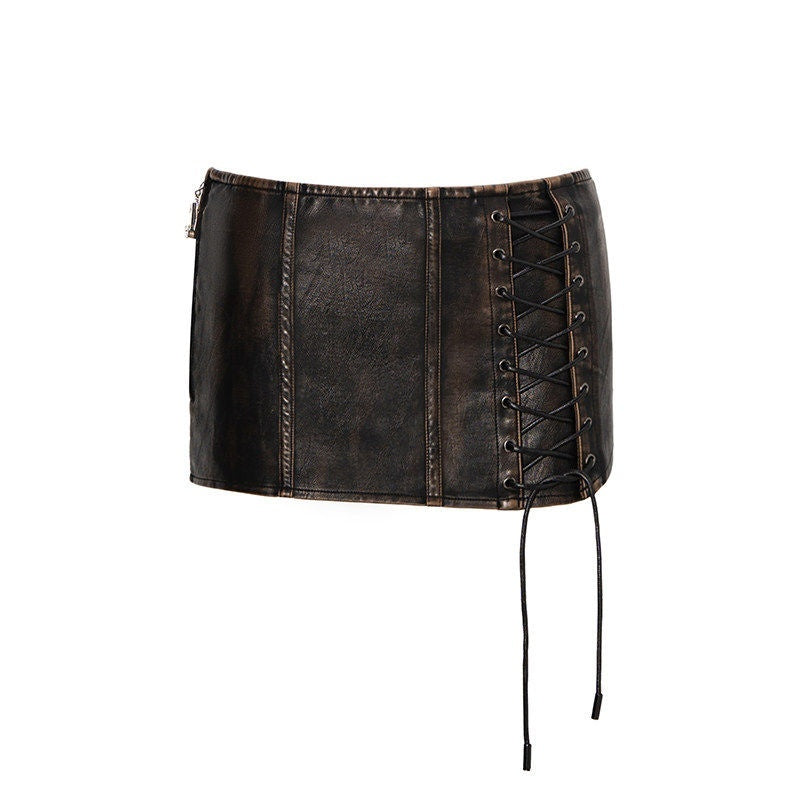 JYOSEI_Faux_Leather_Drawstring_Loose_Euro_Jacket_Low_Waist_Skirt_Women_Top_&_Skirt_Sets_MISSTT