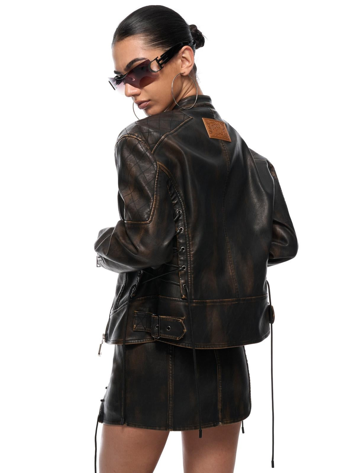 JYOSEI Faux Leather Drawstring Loose Euro Jacket Low Waist Skirt Women Top & Skirt Sets