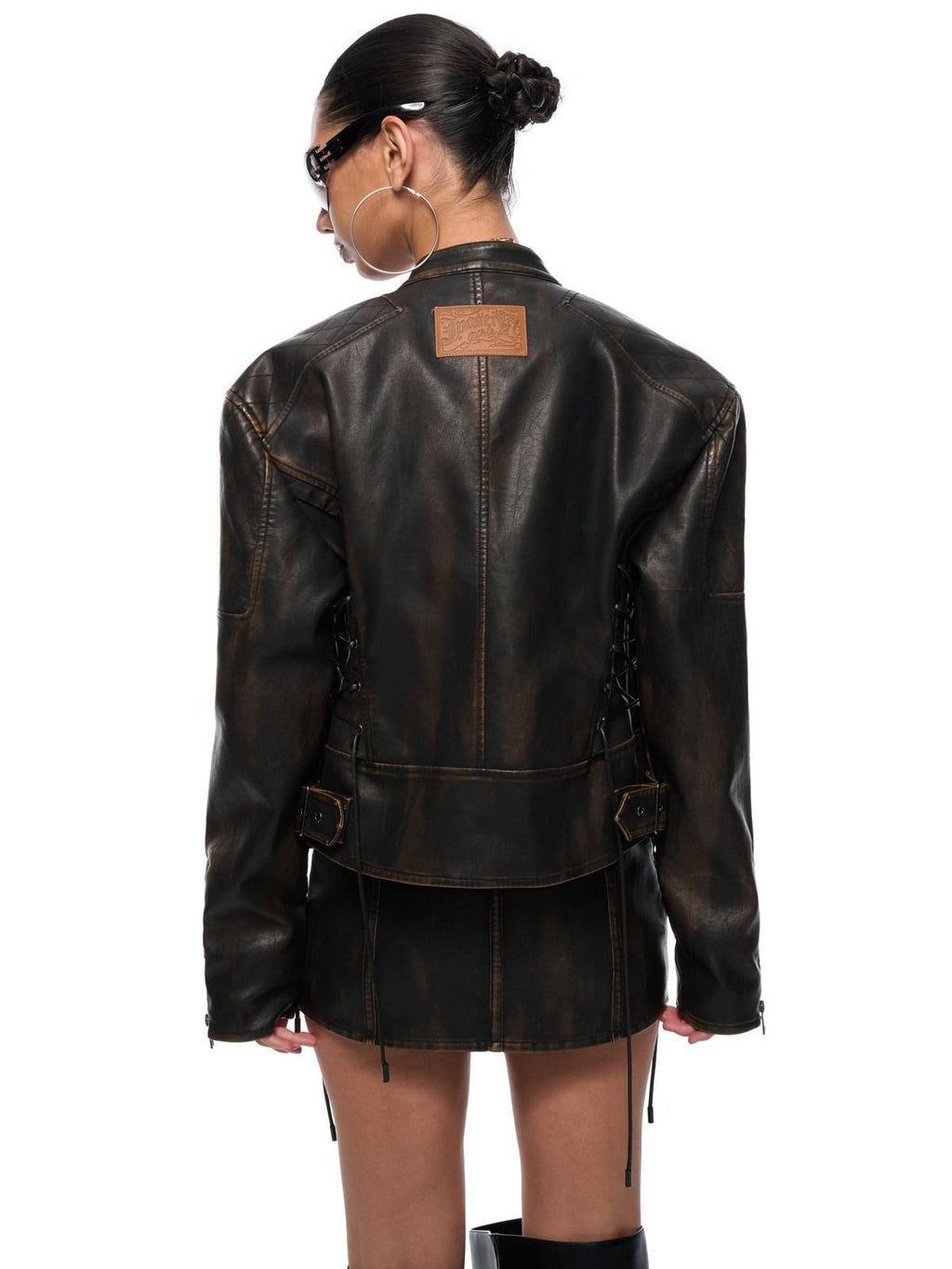 JYOSEI Faux Leather Drawstring Loose Euro Jacket Low Waist Skirt Women Top & Skirt Sets
