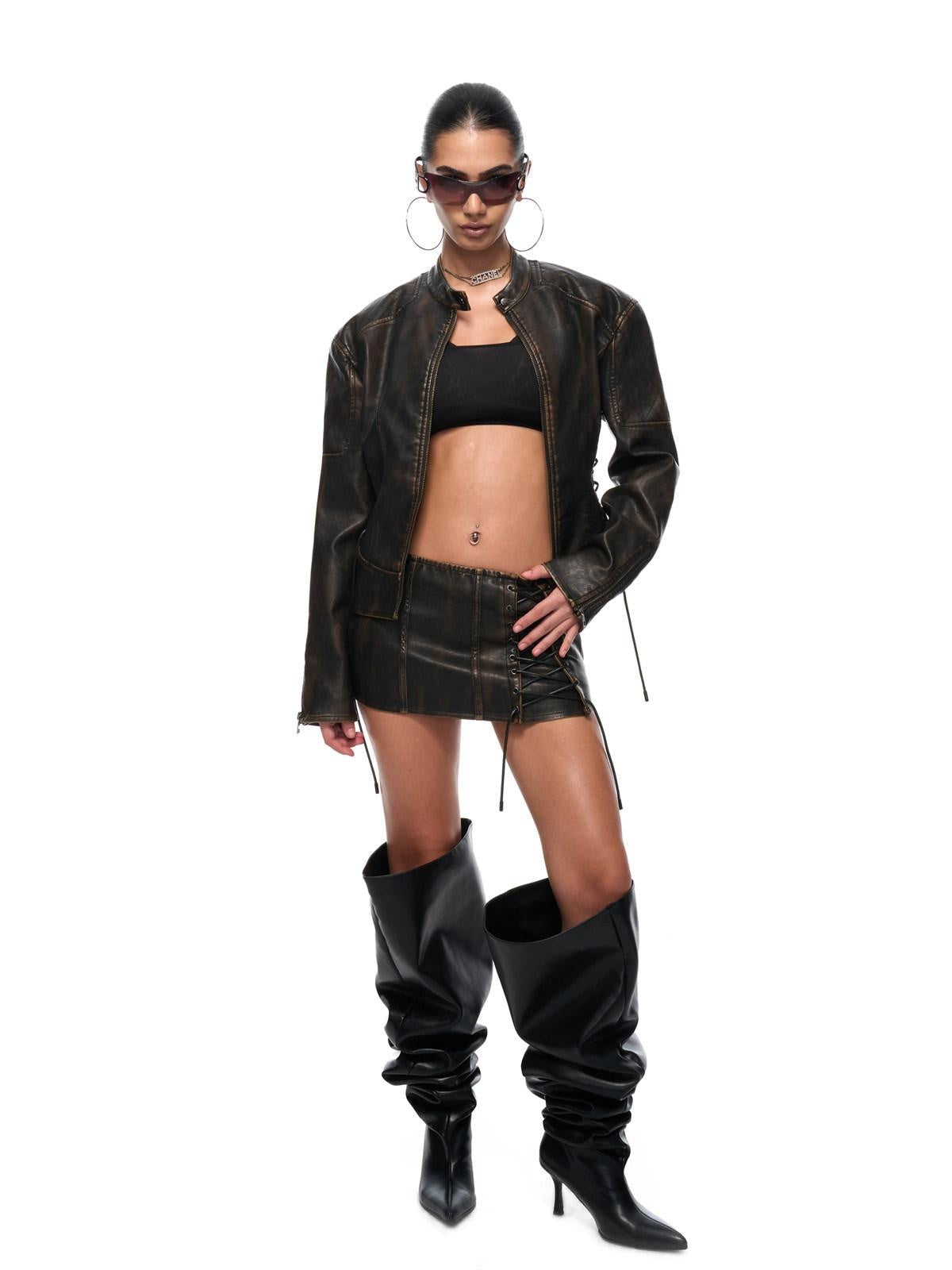 JYOSEI Faux Leather Drawstring Loose Euro Jacket Low Waist Skirt Women Top & Skirt Sets