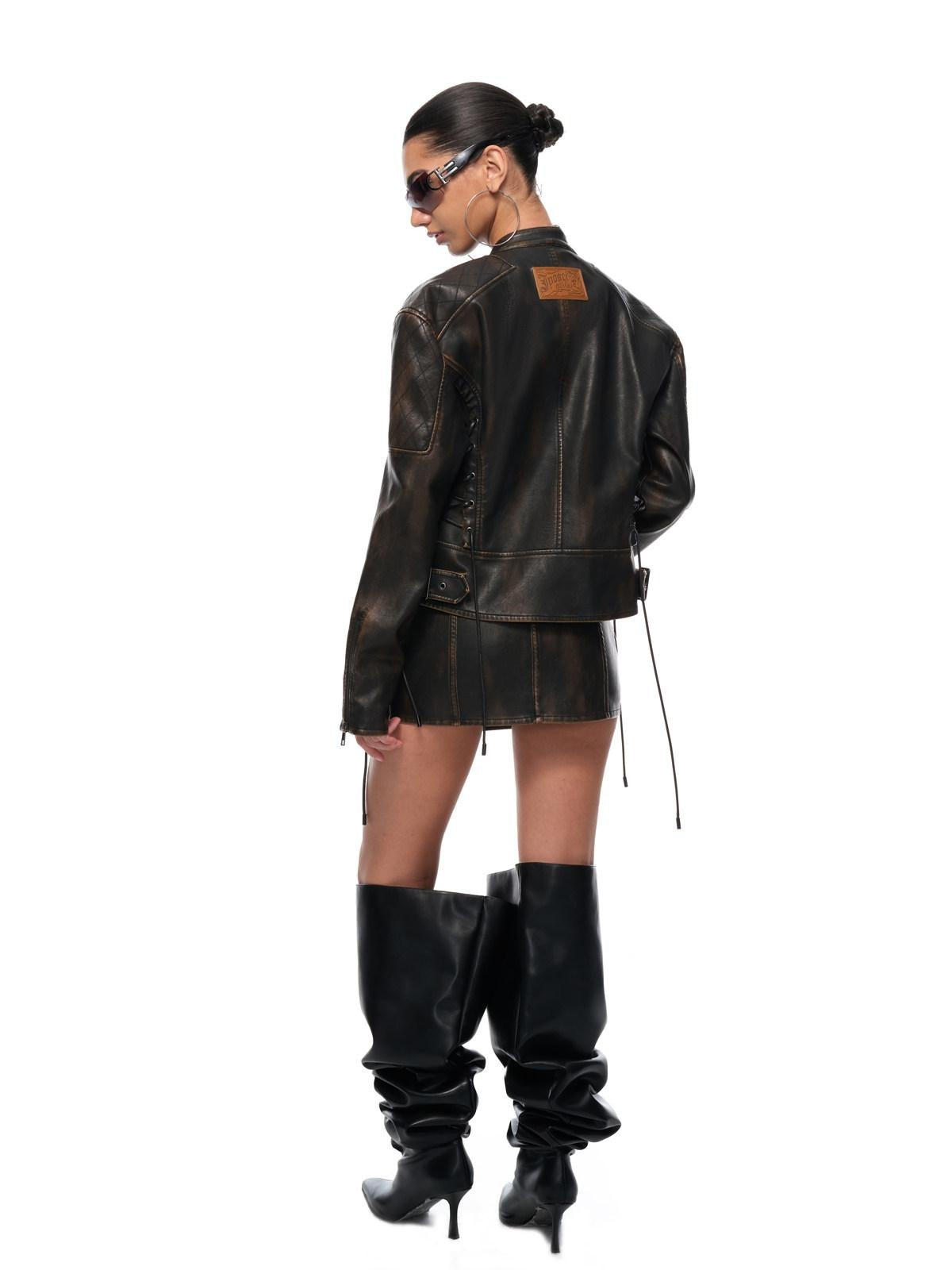 JYOSEI Faux Leather Drawstring Loose Euro Jacket Low Waist Skirt Women Top & Skirt Sets