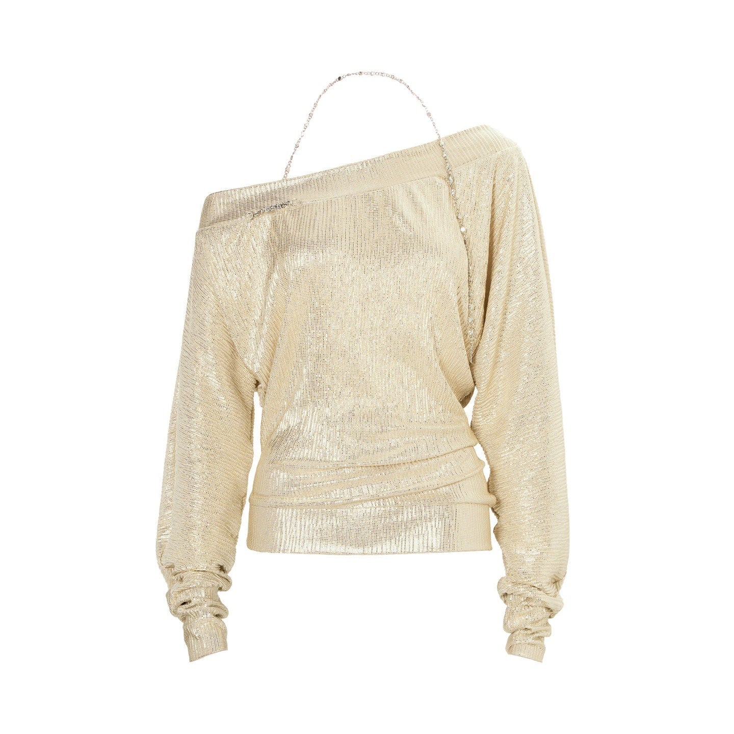 JYOSEI_Gold_Chain_Asymmetric_Slanted_Neck_Pleated_Loose_Women_Long_Sleeve_Crop_Tops_MISSTT