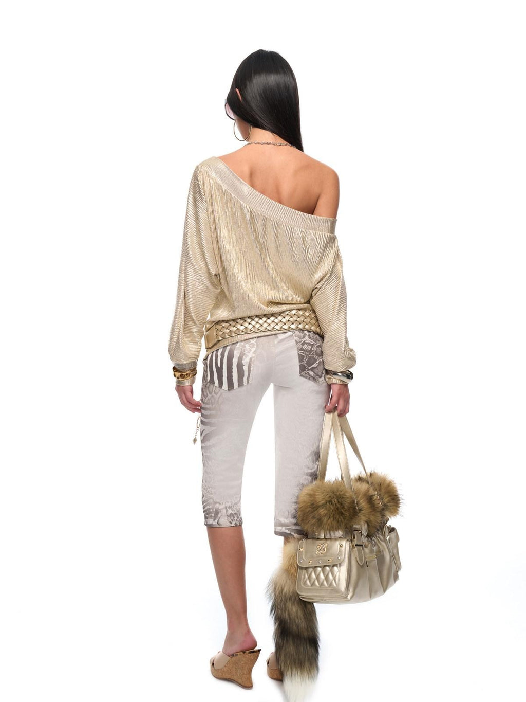 JYOSEI Gold Chain Asymmetric Slanted Neck Pleated Loose Women Long Sleeve Crop Tops