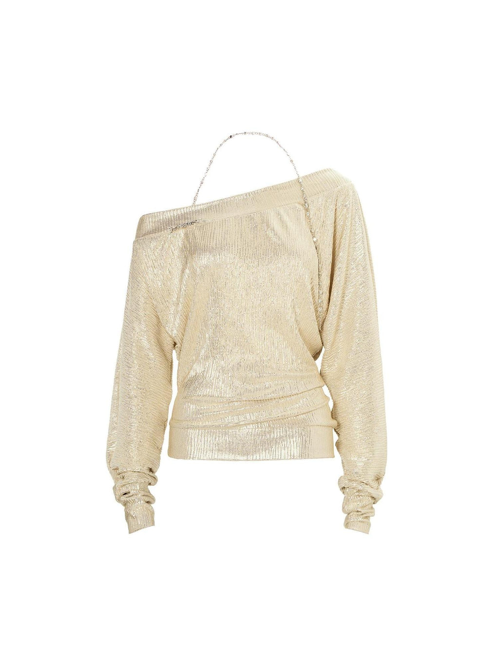 JYOSEI Gold Chain Asymmetric Slanted Neck Pleated Loose Women Long Sleeve Crop Tops