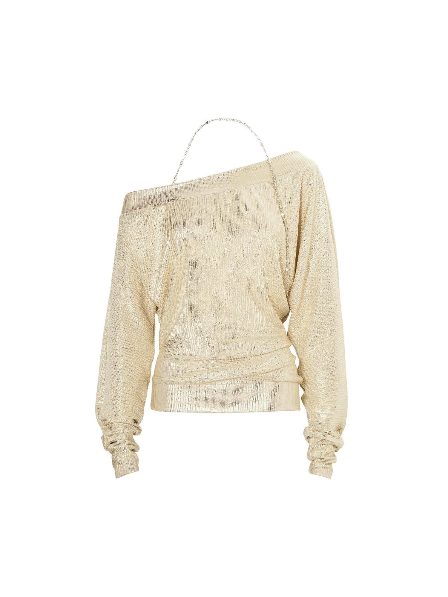 JYOSEI Gold Chain Asymmetric Slanted Neck Pleated Loose Women Long Sleeve Crop Tops