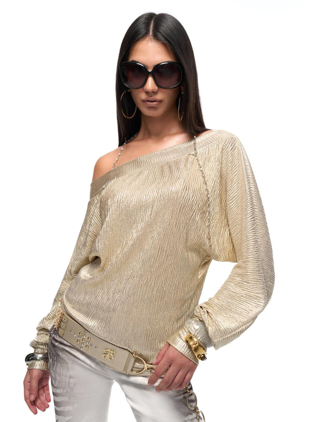 JYOSEI Gold Chain Asymmetric Slanted Neck Pleated Loose Women Long Sleeve Crop Tops