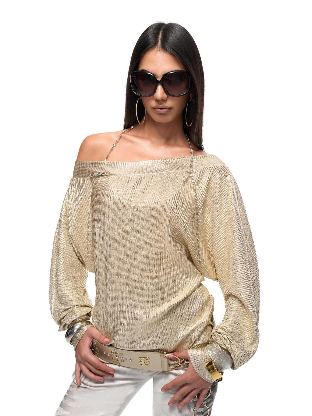 JYOSEI Gold Chain Asymmetric Slanted Neck Pleated Loose Women Long Sleeve Crop Tops