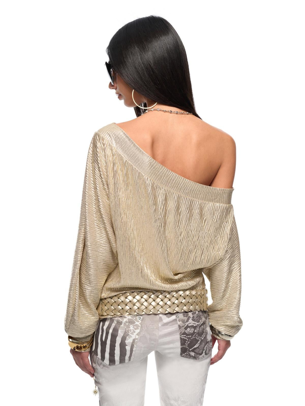 JYOSEI Gold Chain Asymmetric Slanted Neck Pleated Loose Women Long Sleeve Crop Tops