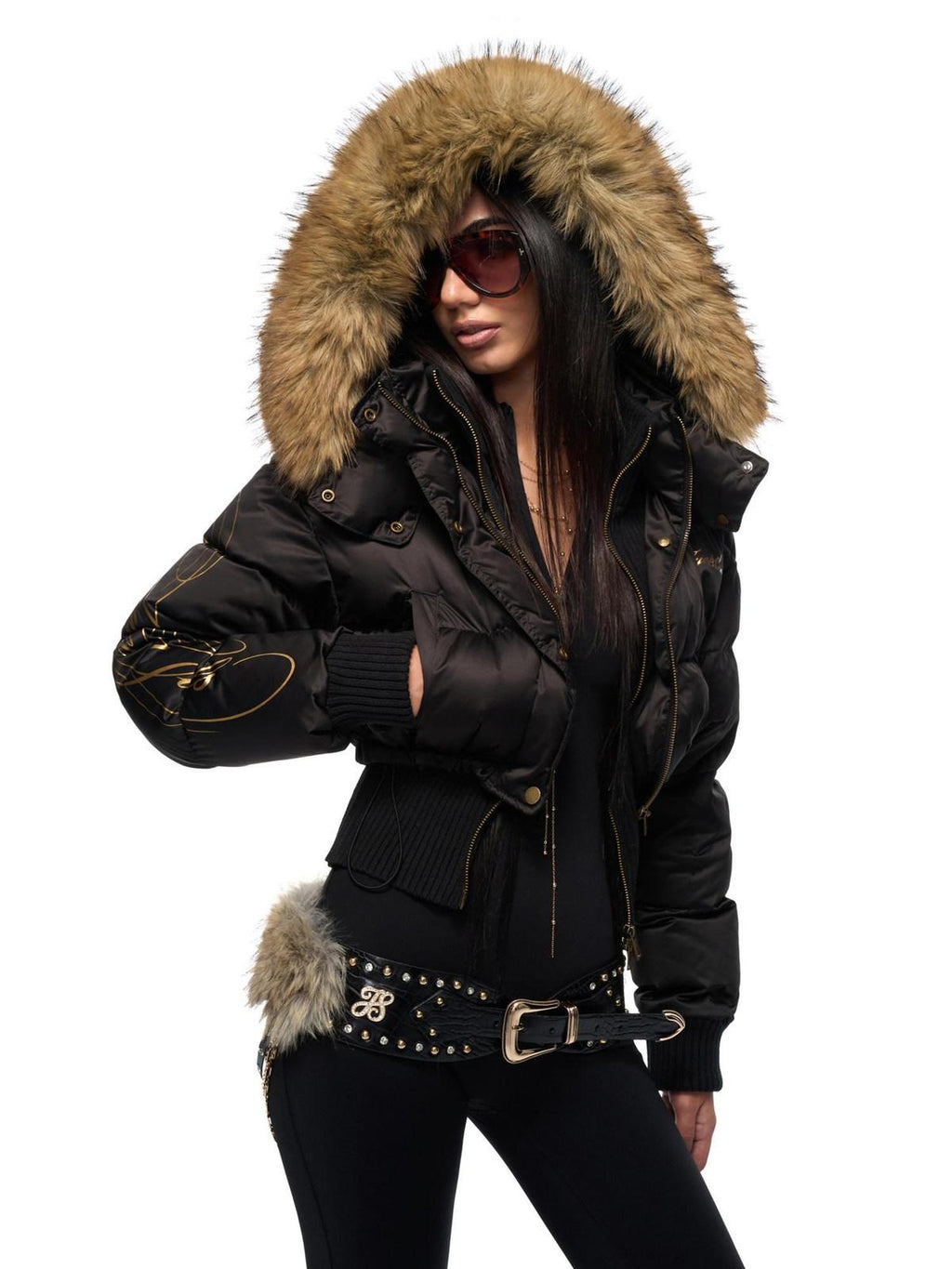 JYOSEI High Waist Fitted Hot Girl Faux Two Piece Hooded 90% Down Black Down Jackets