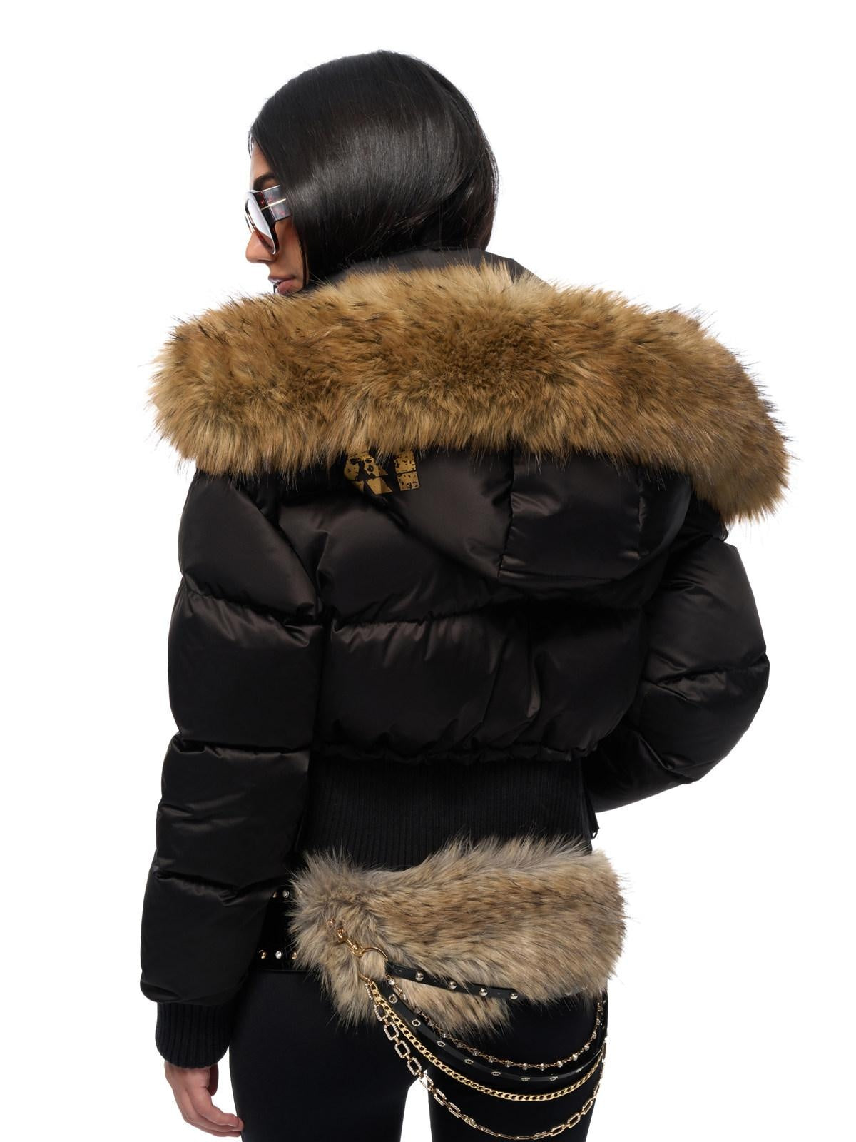 JYOSEI High Waist Fitted Hot Girl Faux Two Piece Hooded 90% Down Black Down Jackets