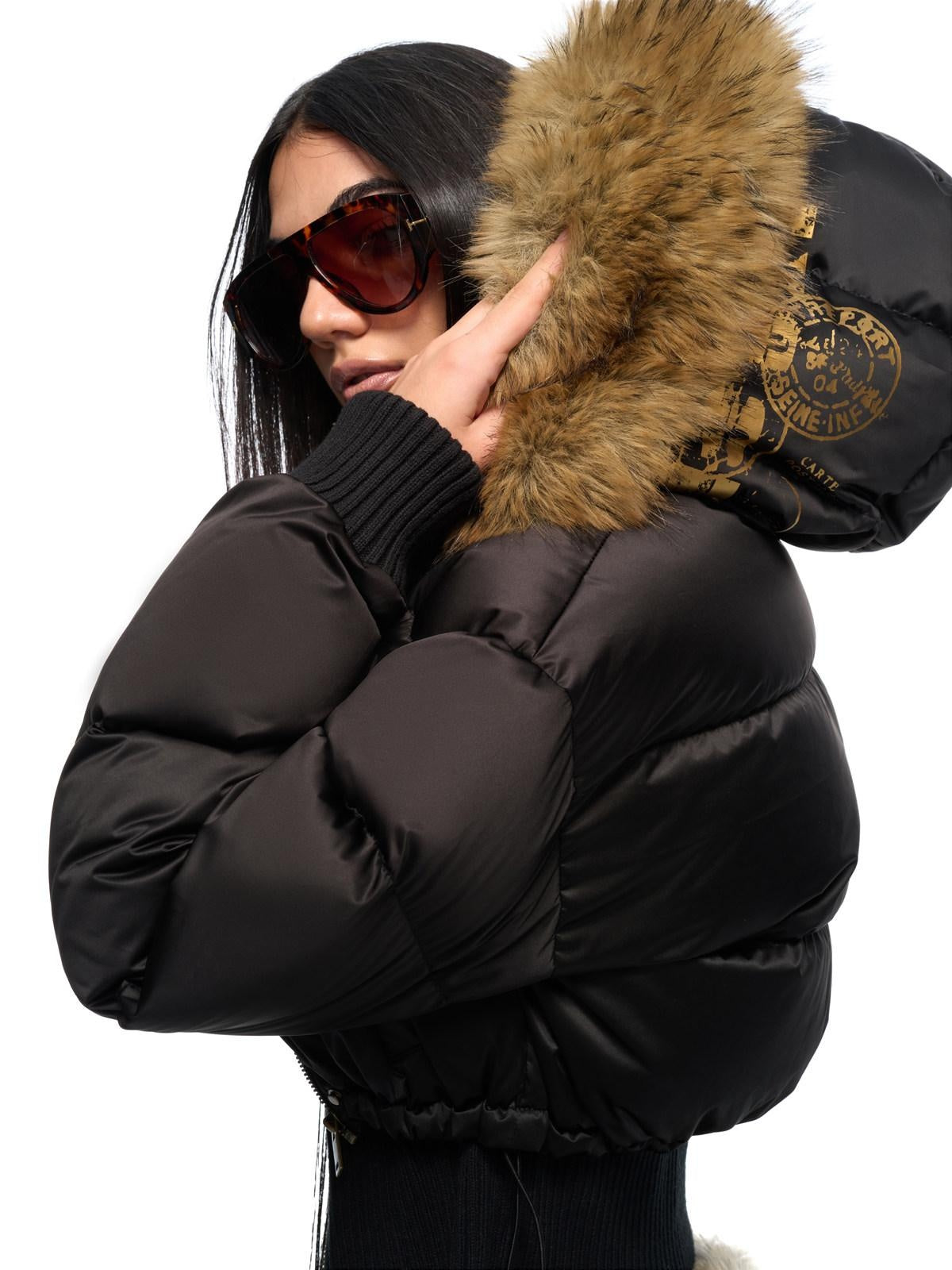 JYOSEI High Waist Fitted Hot Girl Faux Two Piece Hooded 90% Down Black Down Jackets