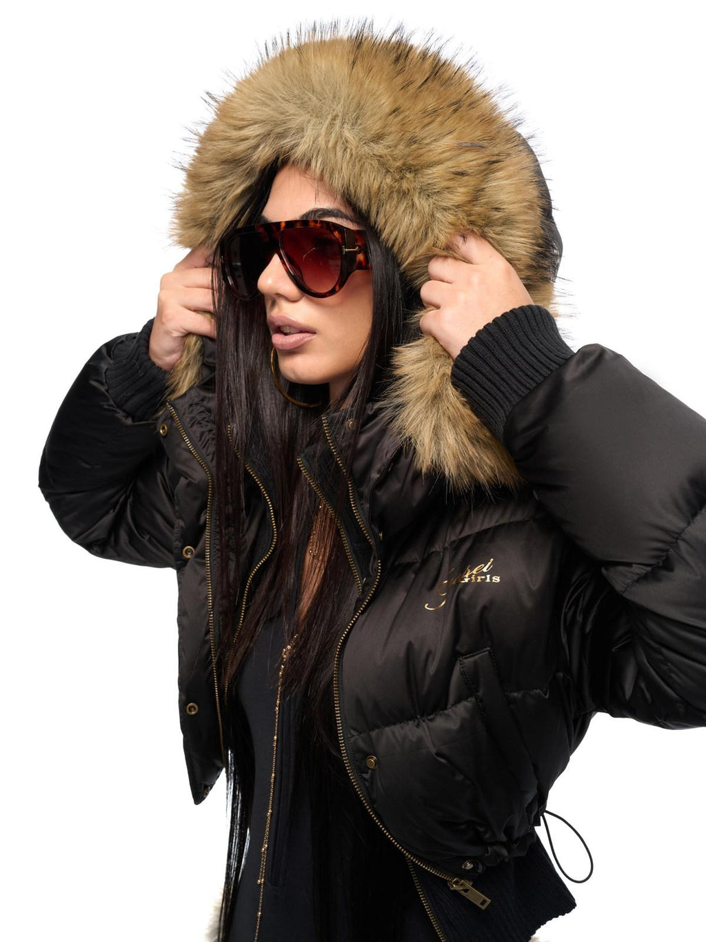 JYOSEI High Waist Fitted Hot Girl Faux Two Piece Hooded 90% Down Black Down Jackets