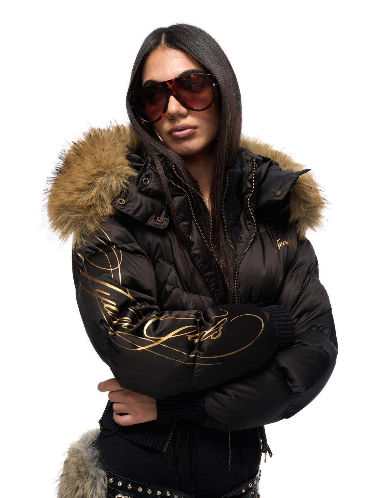 JYOSEI High Waist Fitted Hot Girl Faux Two Piece Hooded 90% Down Black Down Jackets