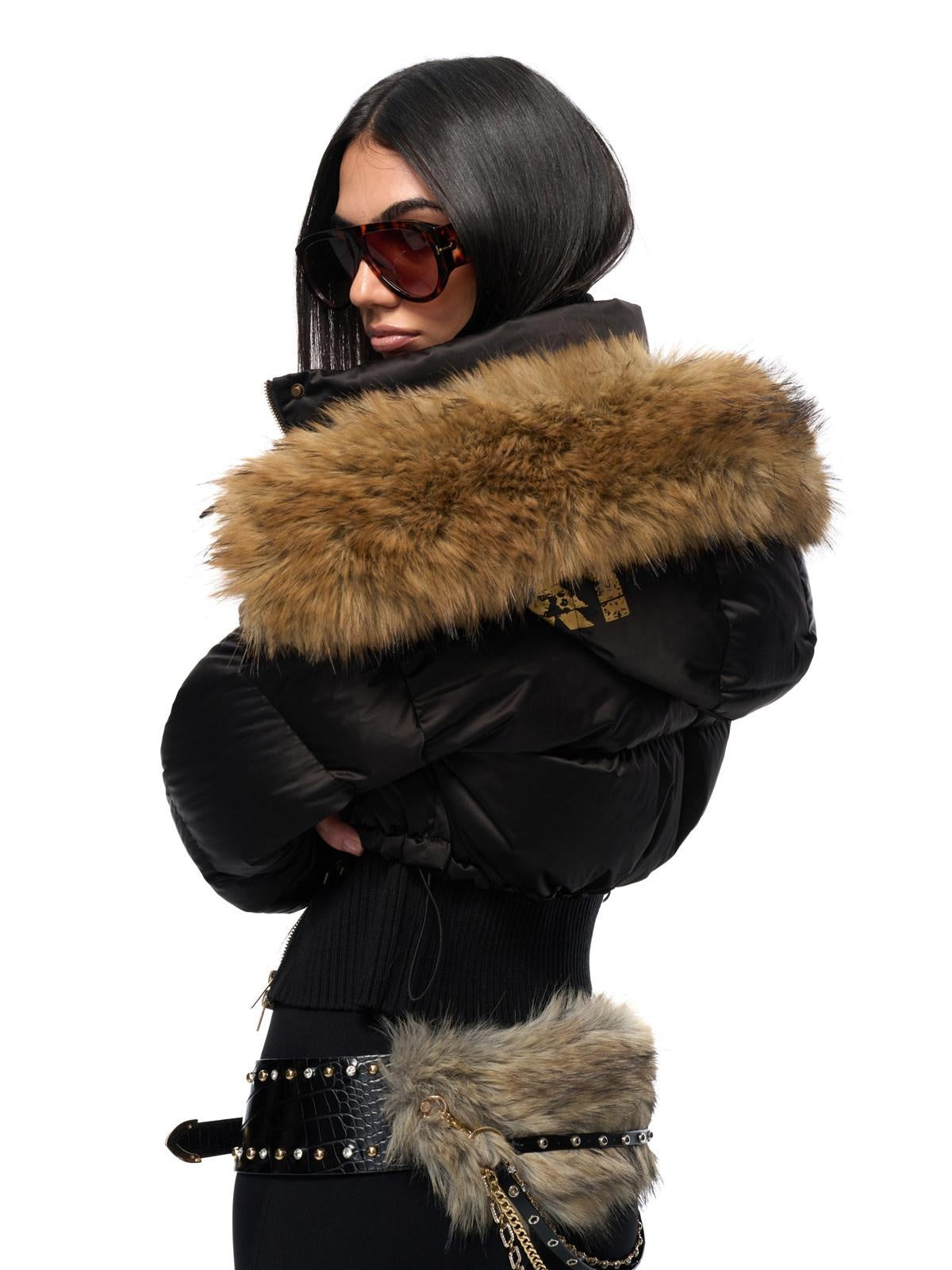 JYOSEI High Waist Fitted Hot Girl Faux Two Piece Hooded 90% Down Black Down Jackets