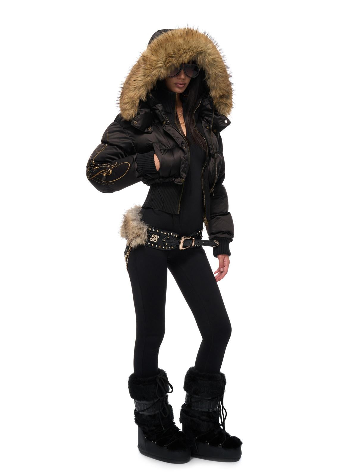 JYOSEI High Waist Fitted Hot Girl Faux Two Piece Hooded 90% Down Black Down Jackets