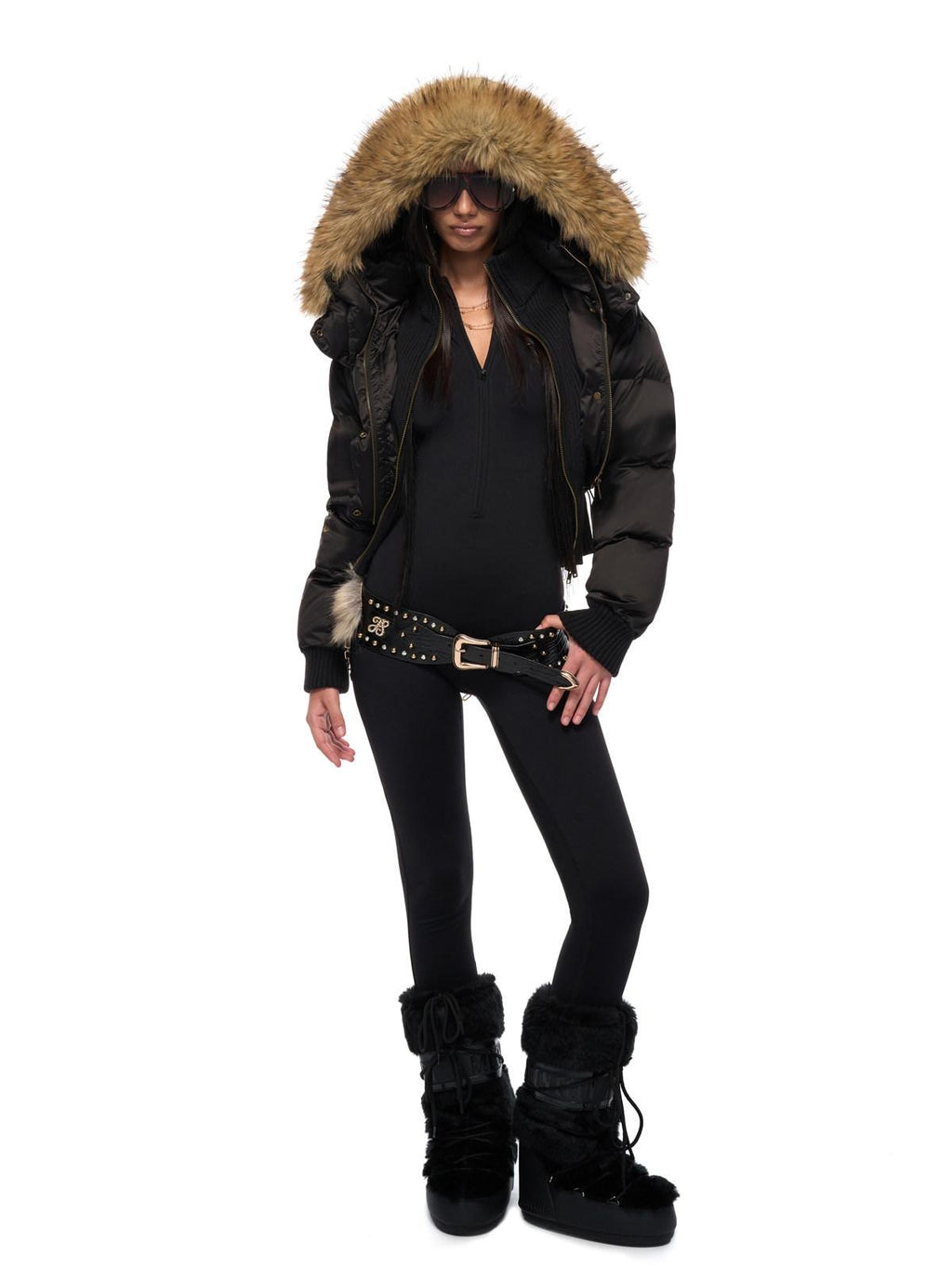 JYOSEI High Waist Fitted Hot Girl Faux Two Piece Hooded 90% Down Black Down Jackets