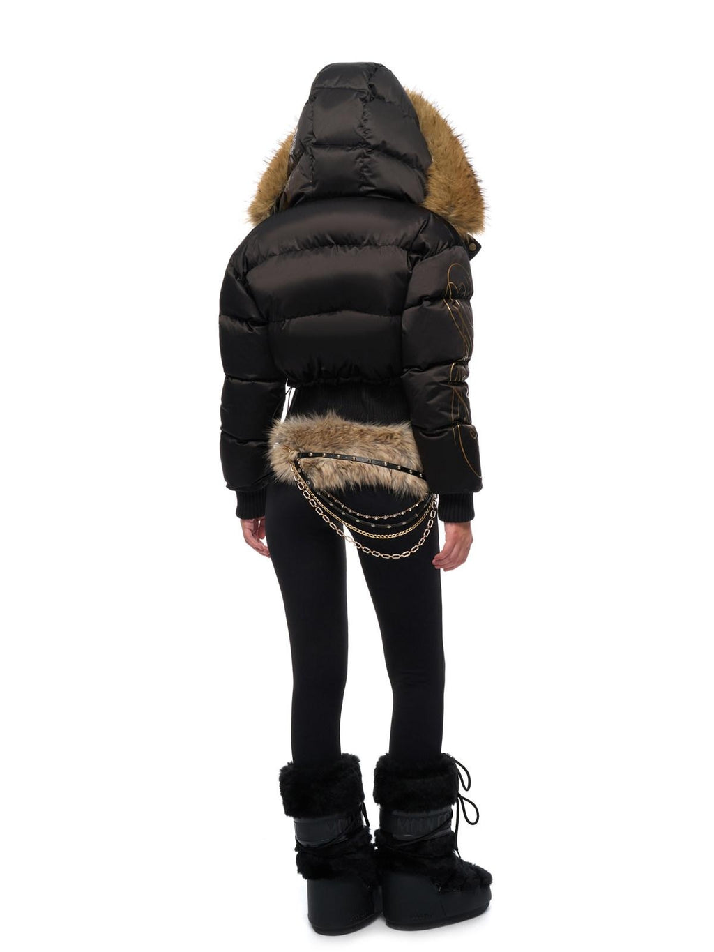 JYOSEI High Waist Fitted Hot Girl Faux Two Piece Hooded 90% Down Black Down Jackets
