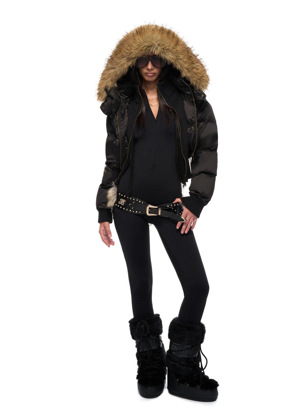 JYOSEI High Waist Fitted Hot Girl Faux Two Piece Hooded 90% Down Black Down Jackets