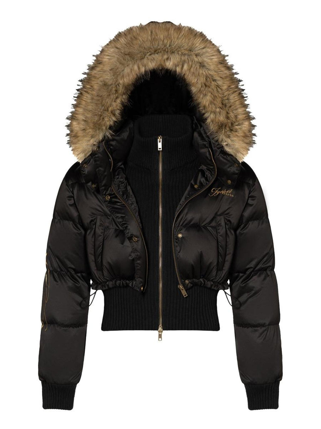 JYOSEI High Waist Fitted Hot Girl Faux Two Piece Hooded 90% Down Black Down Jackets