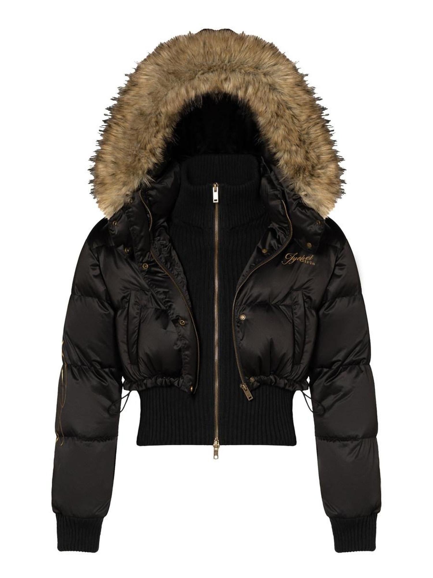 JYOSEI High Waist Fitted Hot Girl Faux Two Piece Hooded 90% Down Black Down Jackets