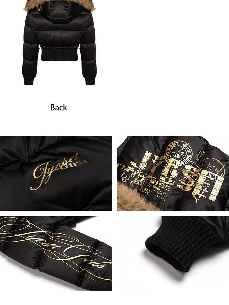 JYOSEI High Waist Fitted Hot Girl Faux Two Piece Hooded 90% Down Black Down Jackets
