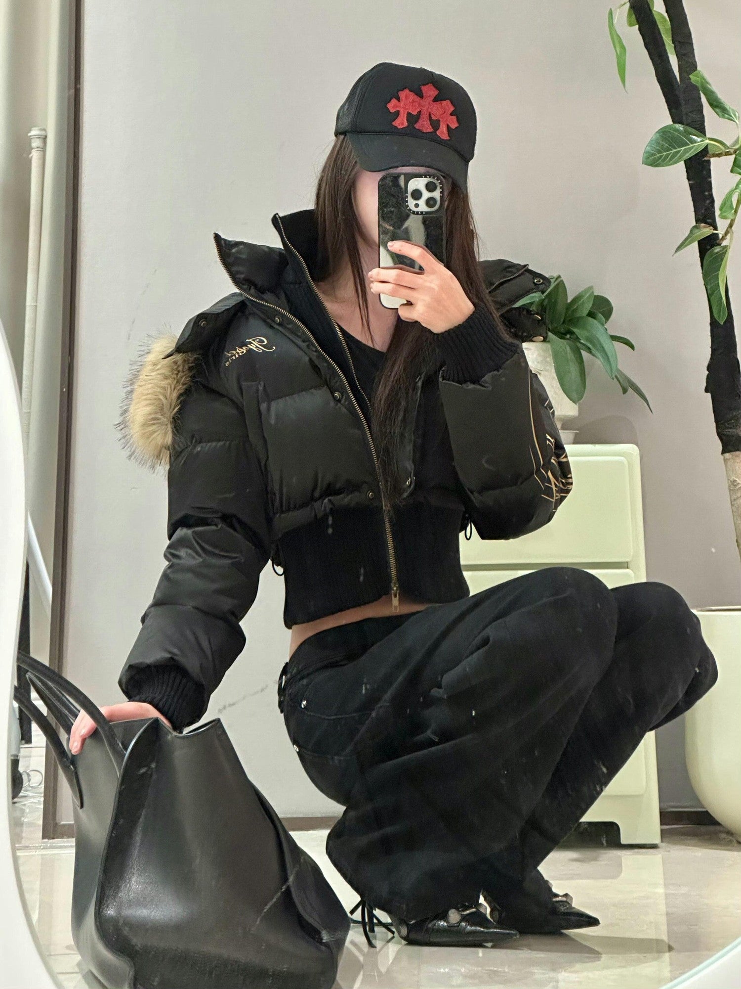 JYOSEI High Waist Fitted Hot Girl Faux Two Piece Hooded 90% Down Black Down Jackets
