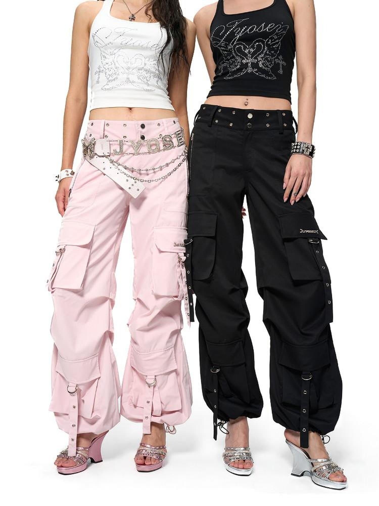 JYOSEI Original Pocket Workwear Loose Mid Rise Metal Trim Women Cargo Pants