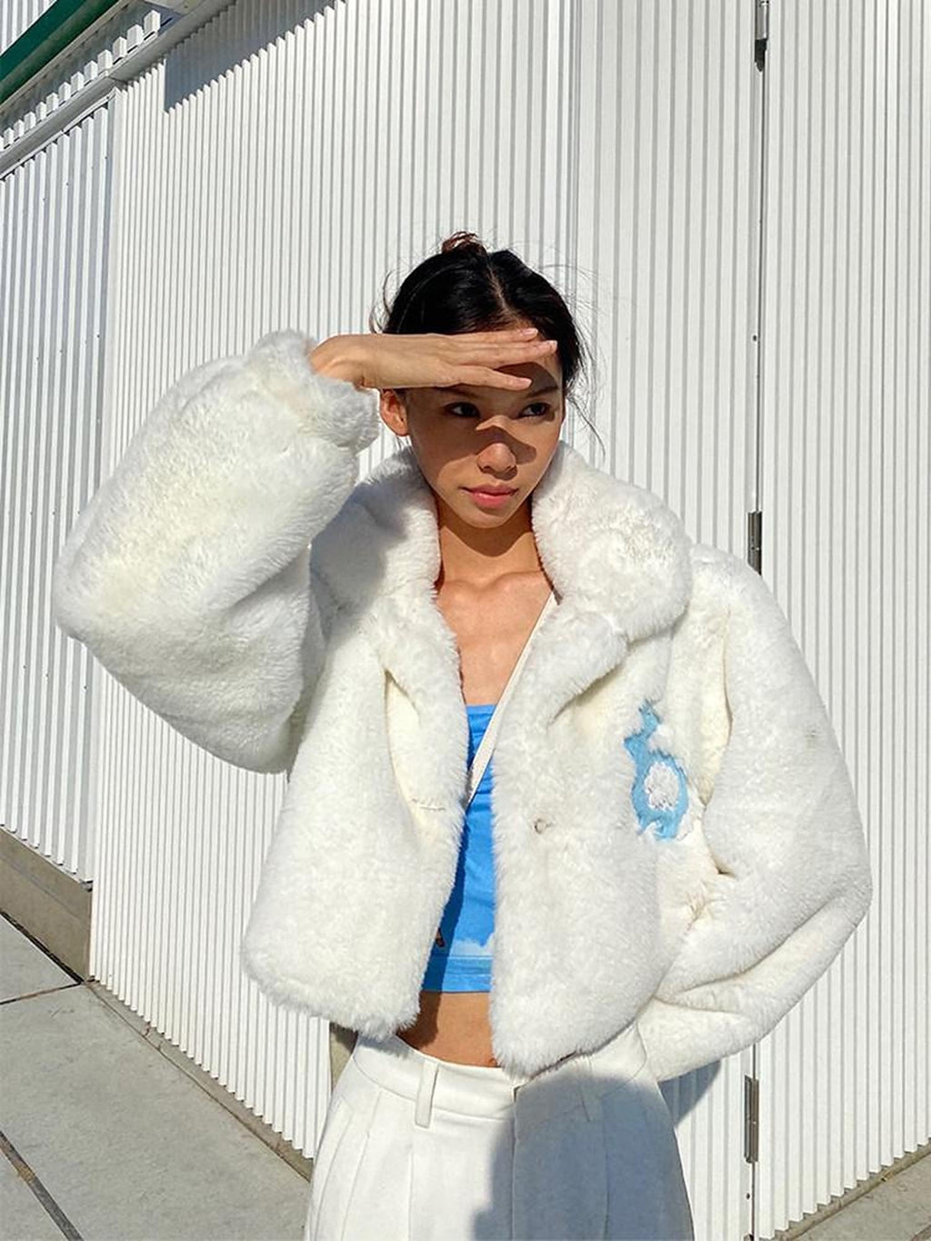 JYOSEI Rabbit Fur Collar Short Loose Streetwear Polo Neck Women White Cropped Jackets