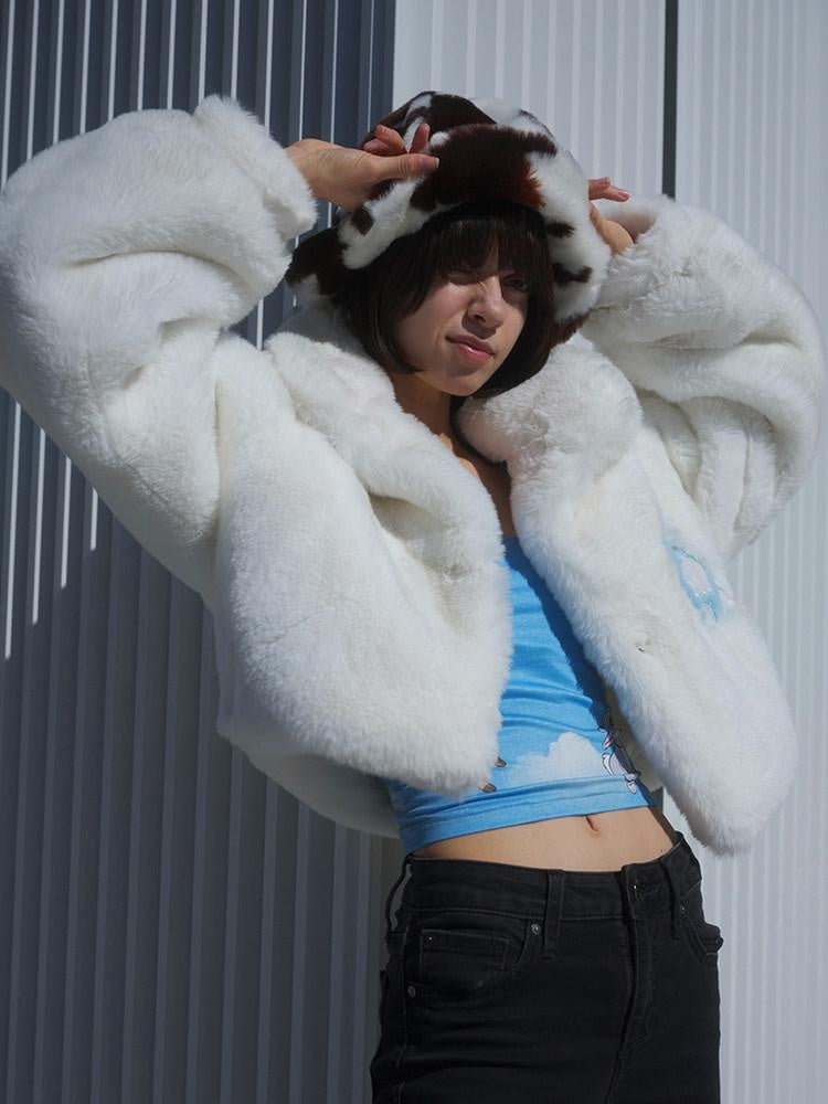 JYOSEI Rabbit Fur Collar Short Loose Streetwear Polo Neck Women White Cropped Jackets