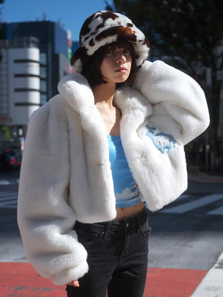 JYOSEI Rabbit Fur Collar Short Loose Streetwear Polo Neck Women White Cropped Jackets