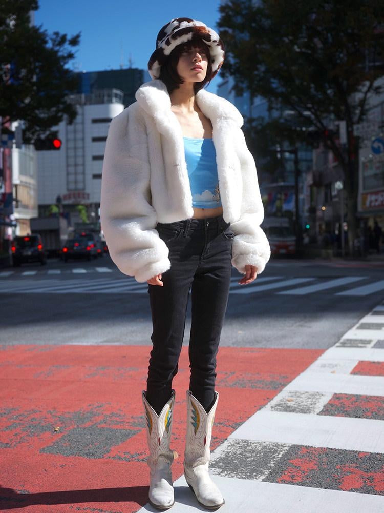 JYOSEI Rabbit Fur Collar Short Loose Streetwear Polo Neck Women White Cropped Jackets