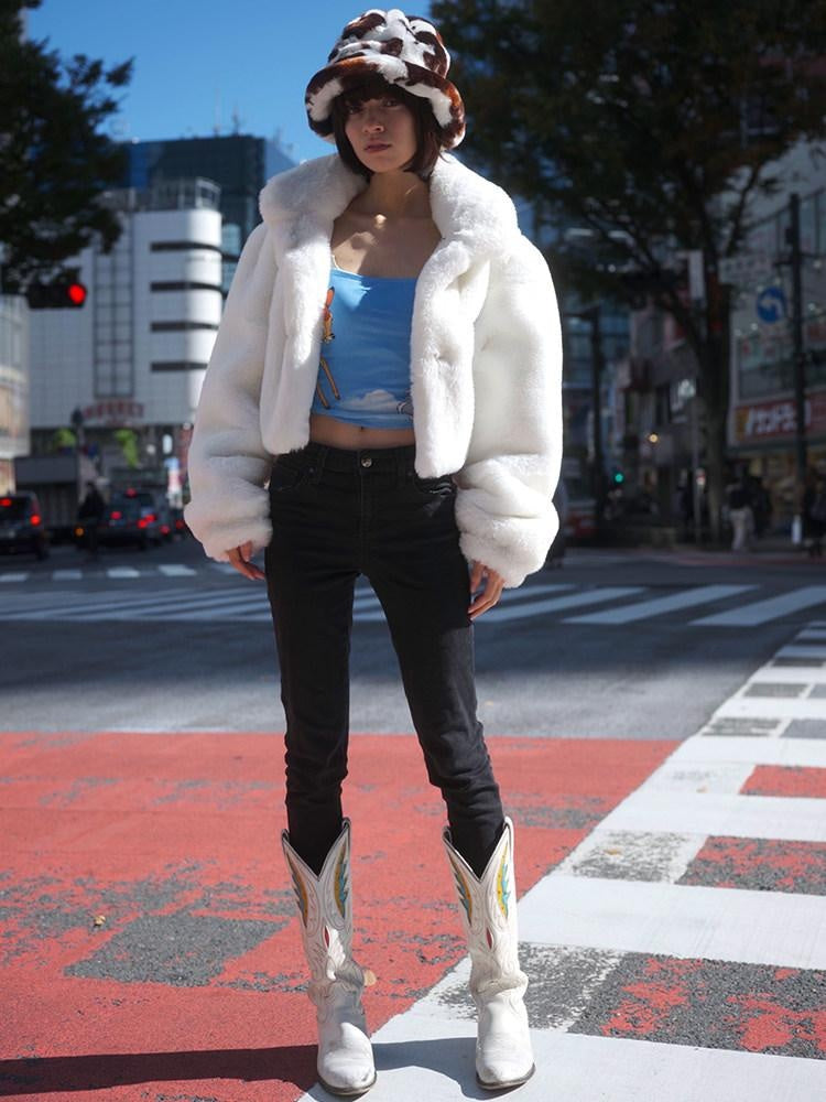 JYOSEI Rabbit Fur Collar Short Loose Streetwear Polo Neck Women White Cropped Jackets