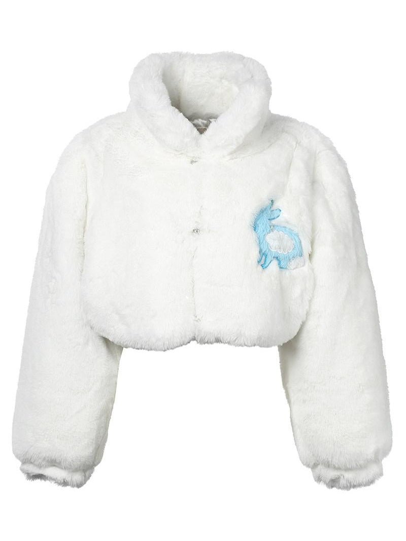JYOSEI Rabbit Fur Collar Short Loose Streetwear Polo Neck Women White Cropped Jackets