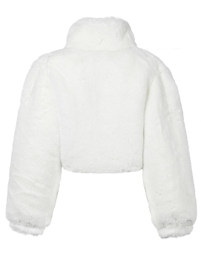 JYOSEI Rabbit Fur Collar Short Loose Streetwear Polo Neck Women White Cropped Jackets