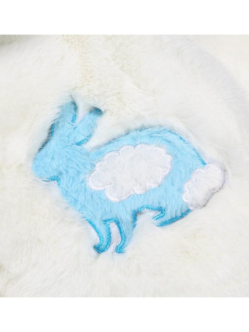 JYOSEI Rabbit Fur Collar Short Loose Streetwear Polo Neck Women White Cropped Jackets