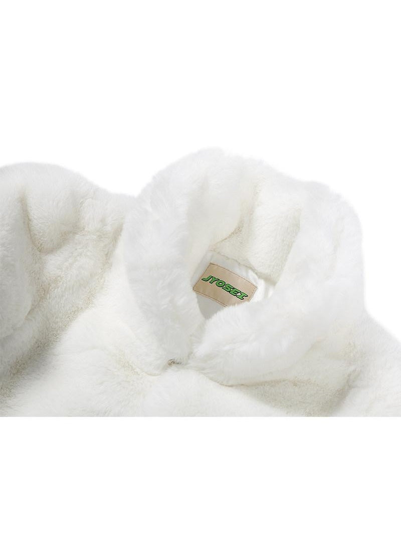 JYOSEI Rabbit Fur Collar Short Loose Streetwear Polo Neck Women White Cropped Jackets
