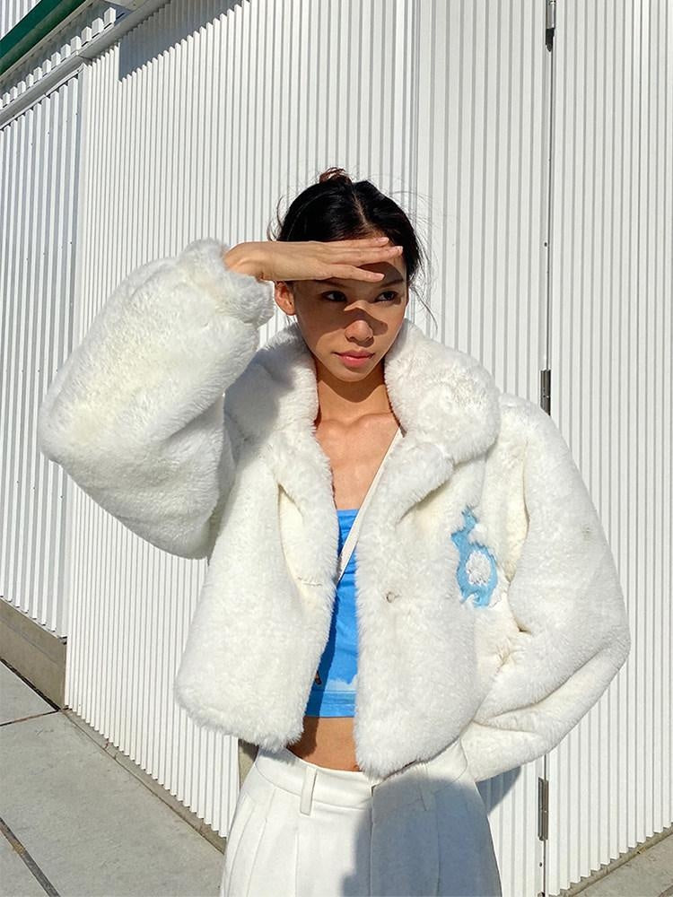 JYOSEI Rabbit Fur Collar Short Loose Streetwear Polo Neck Women White Cropped Jackets