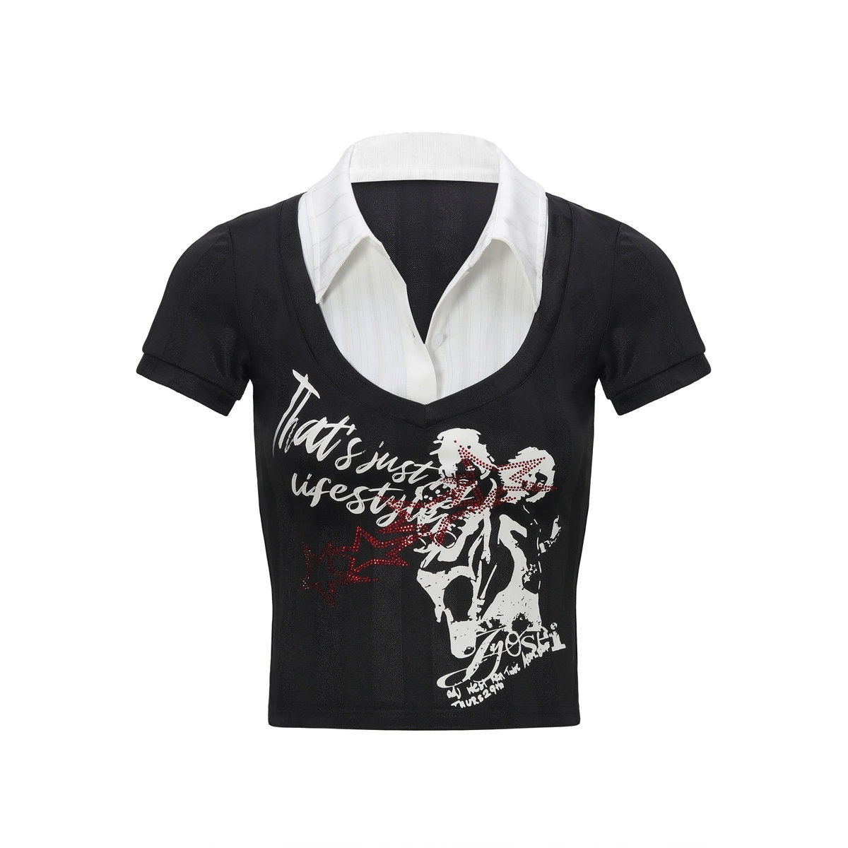 JYOSEI_Rhinestone_Buttoned_Punk_Slim_Short_Sleeve_Black_Stripe_Women_Basic_Crop_Tops_MISSTT