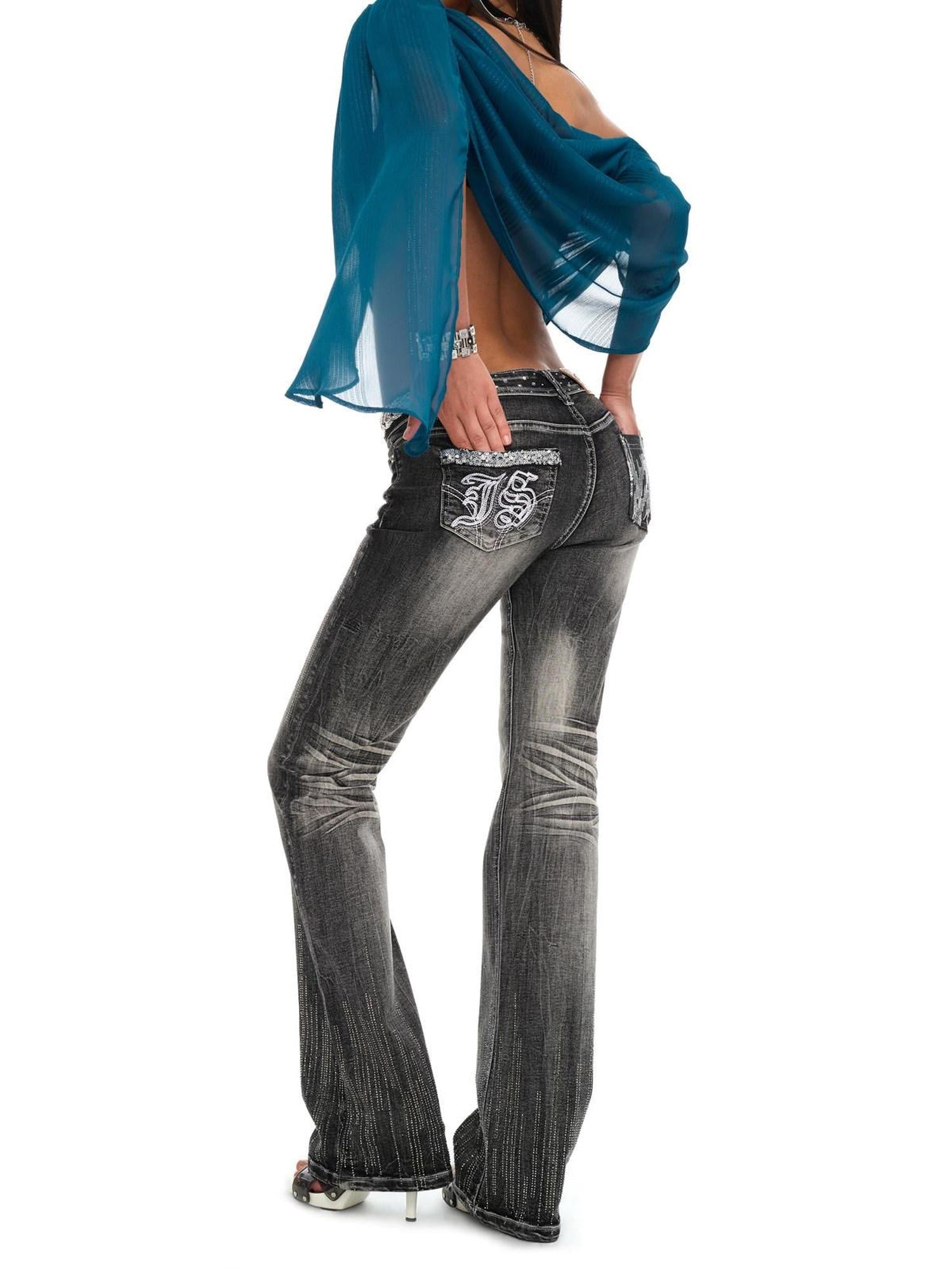 JYOSEI Rhinestone Embroidered Low Rise Gradient Wash Slim Fit Women Straight Leg Jeans