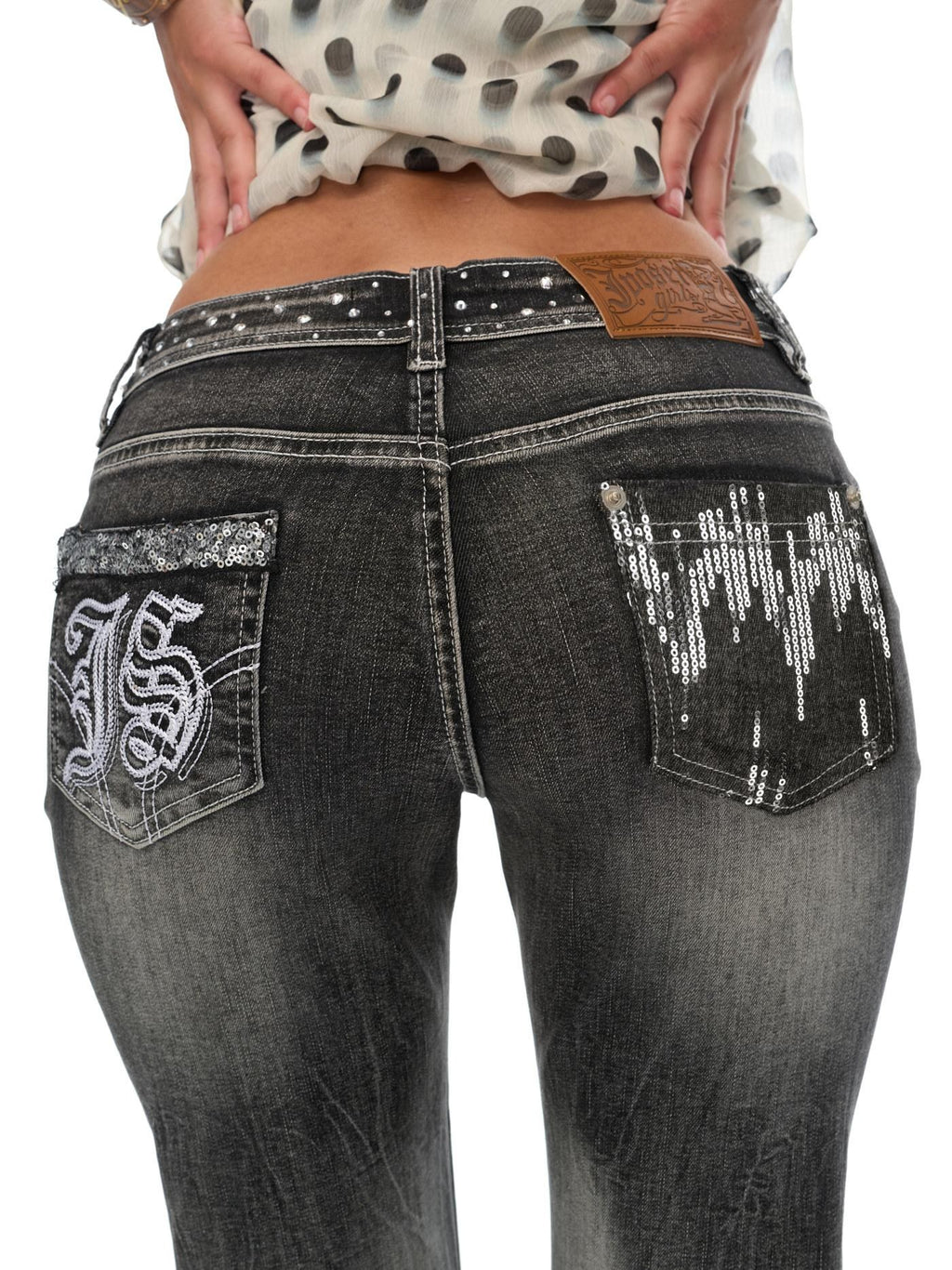 JYOSEI Rhinestone Embroidered Low Rise Gradient Wash Slim Fit Women Straight Leg Jeans