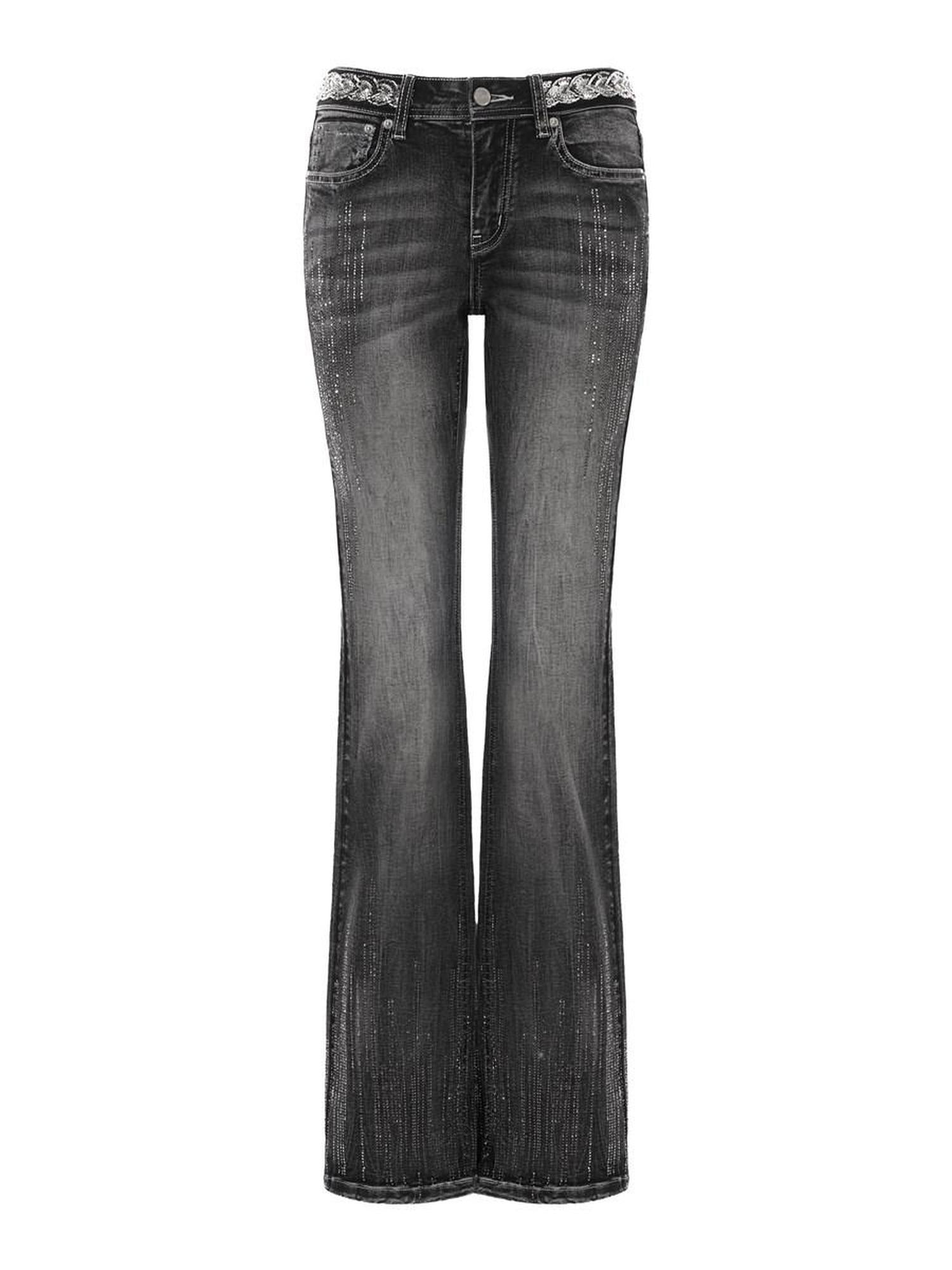 JYOSEI Rhinestone Embroidered Low Rise Gradient Wash Slim Fit Women Straight Leg Jeans