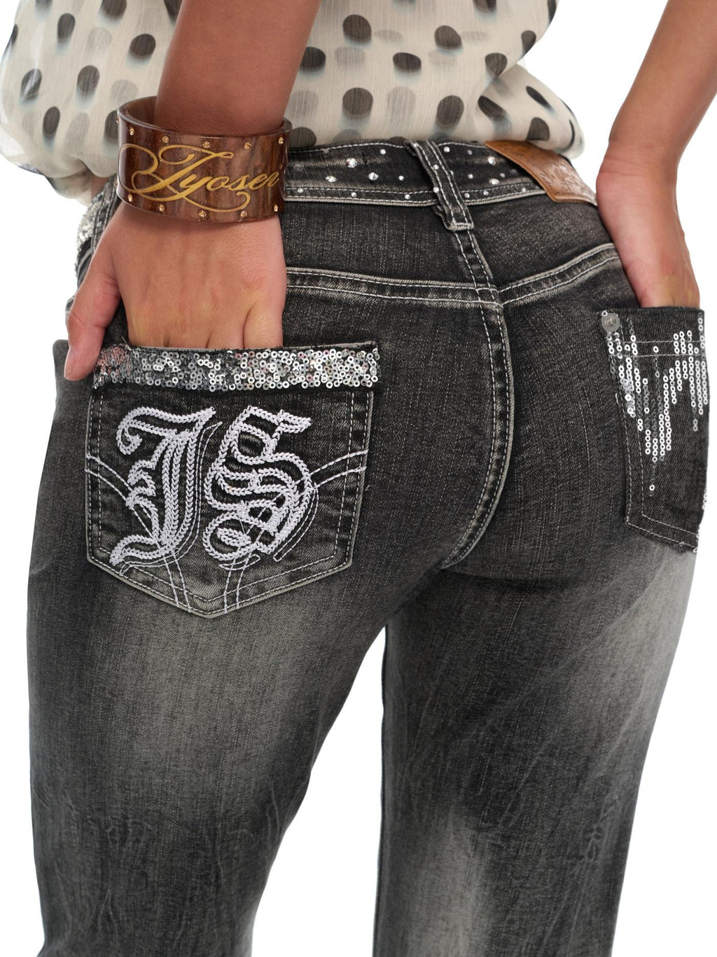 JYOSEI Rhinestone Embroidered Low Rise Gradient Wash Slim Fit Women Straight Leg Jeans