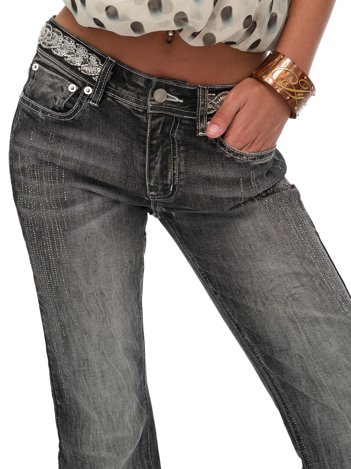 JYOSEI Rhinestone Embroidered Low Rise Gradient Wash Slim Fit Women Straight Leg Jeans
