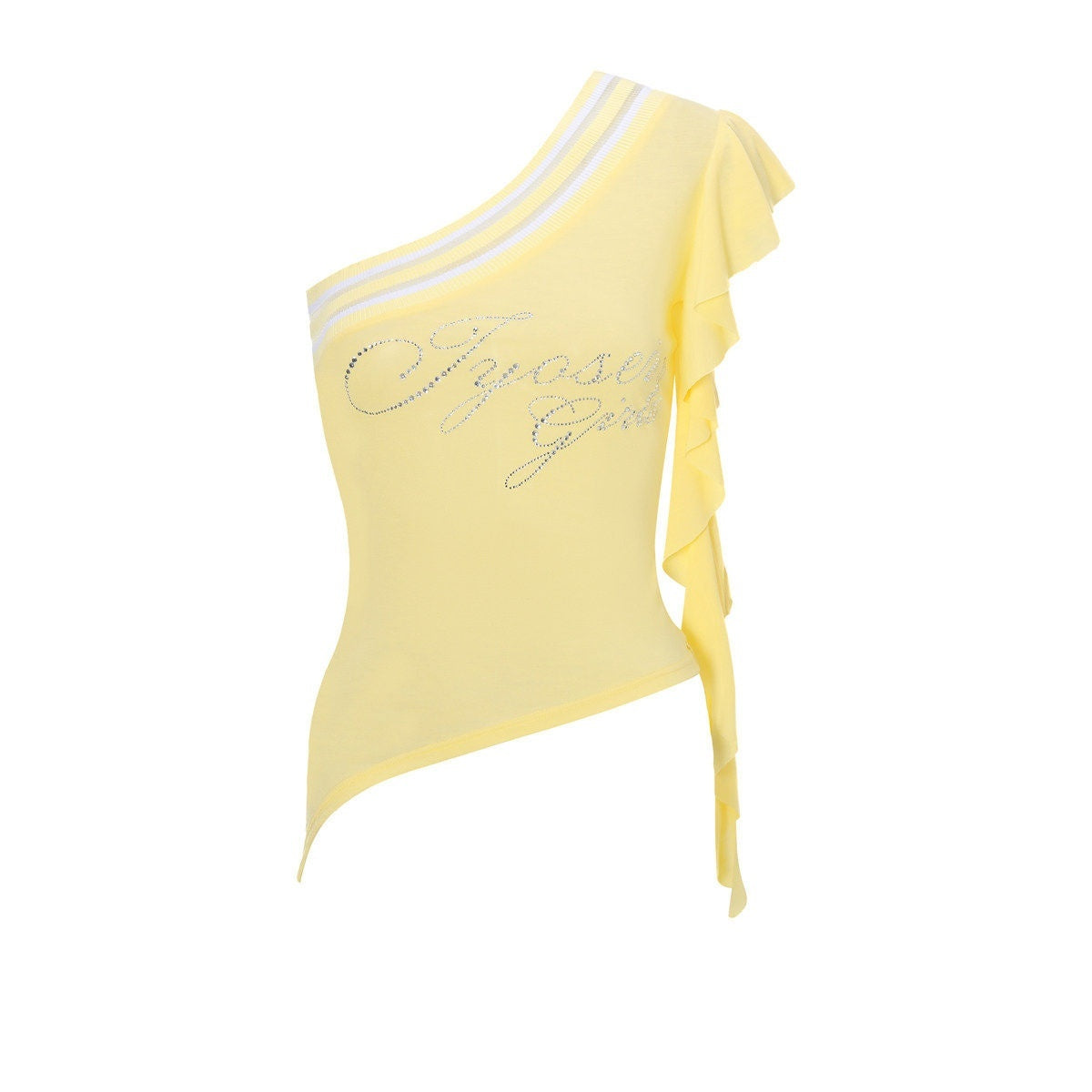 JYOSEI_Ribbed_Asymmetric_Tie_Slim_Fit_Letter_Print_Black_Yellow_Off_Shoulder_Crop_Tops_MISSTT