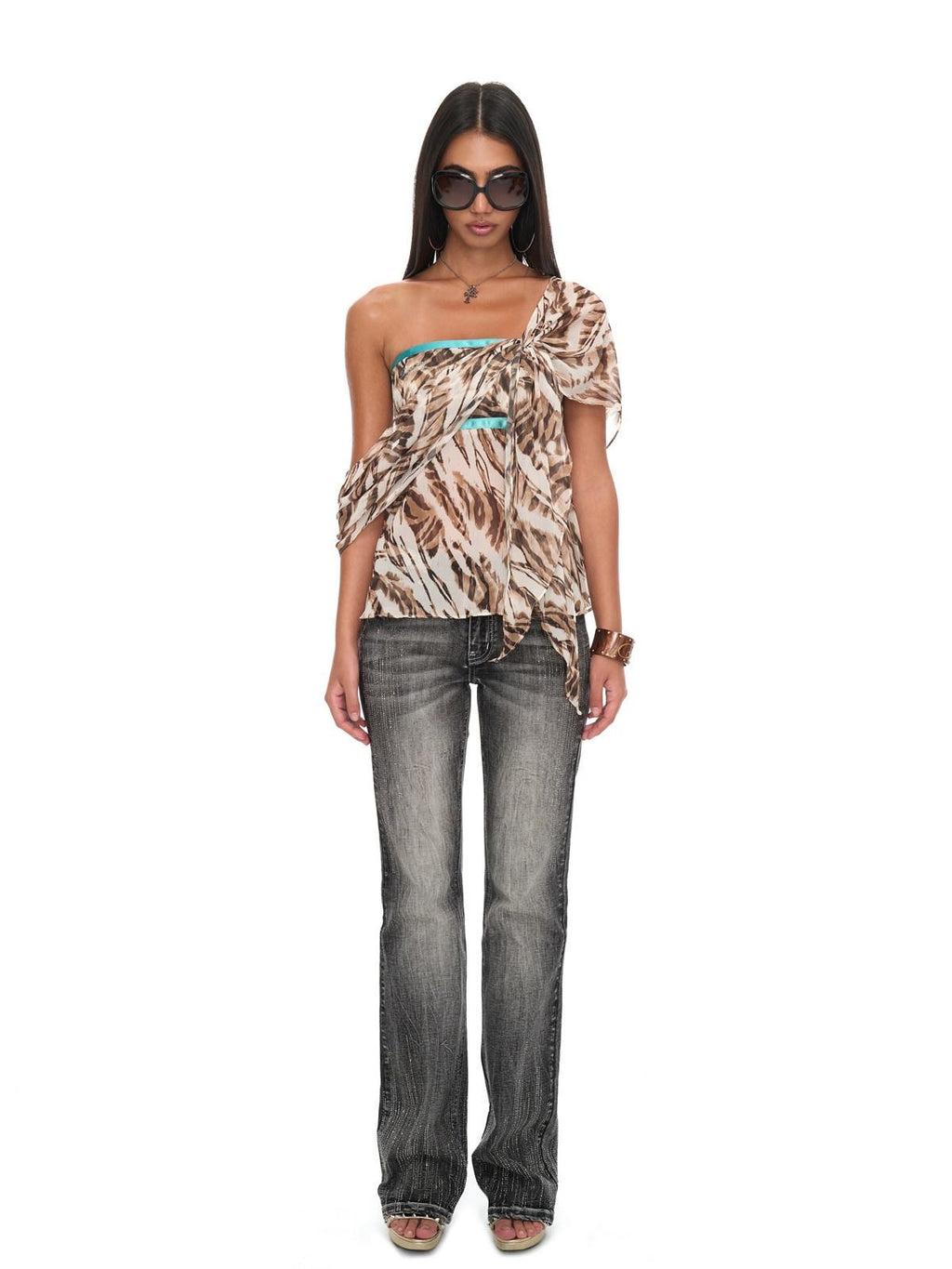 JYOSEI Sexy Backless Asymmetric Contrast Tiger Print Chiffon Loose Tube Tops