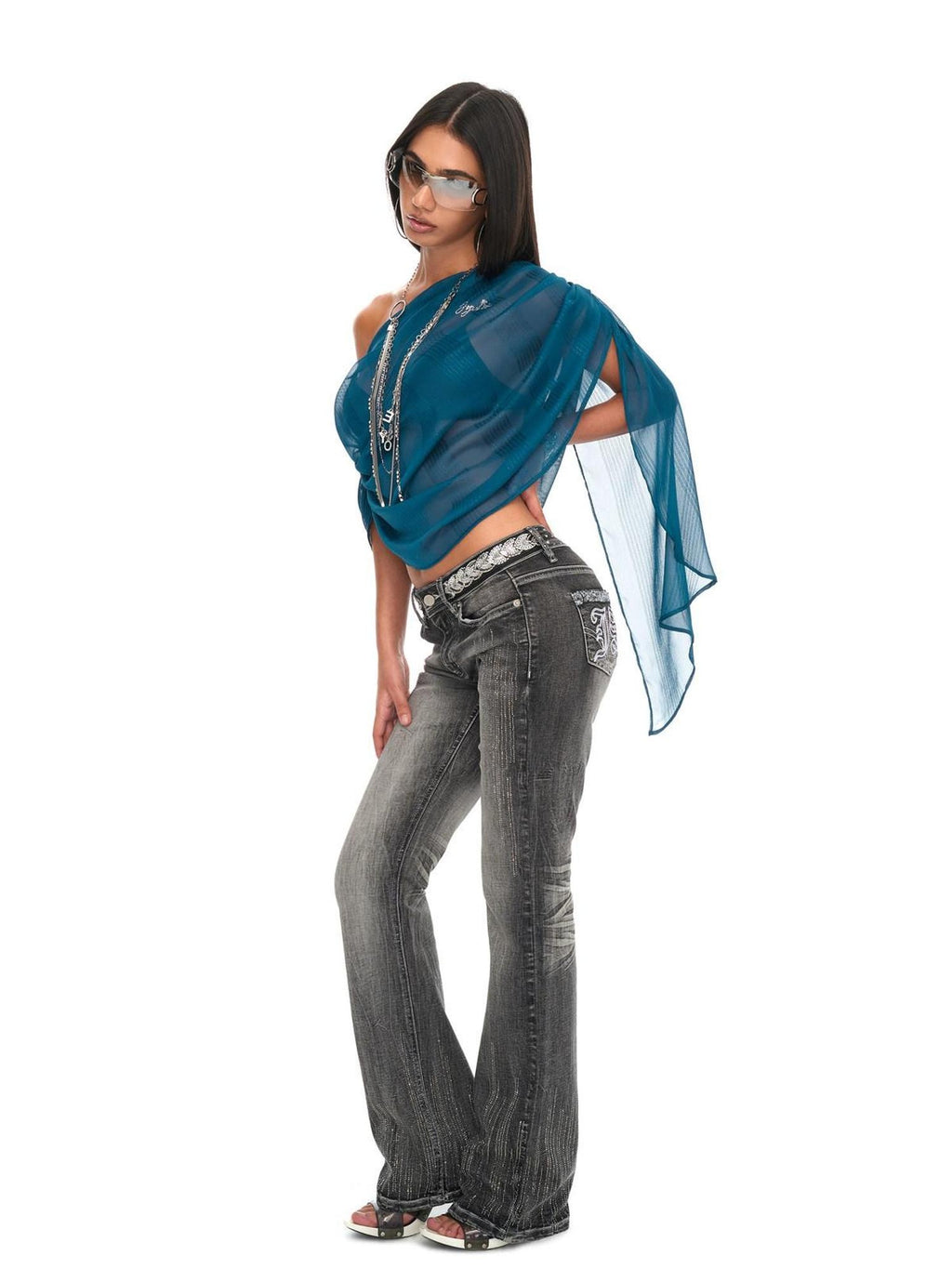 JYOSEI Sexy Shimmer Ruched Peacock Blue Asymmetric Loose One Size Women Chiffon Scarves