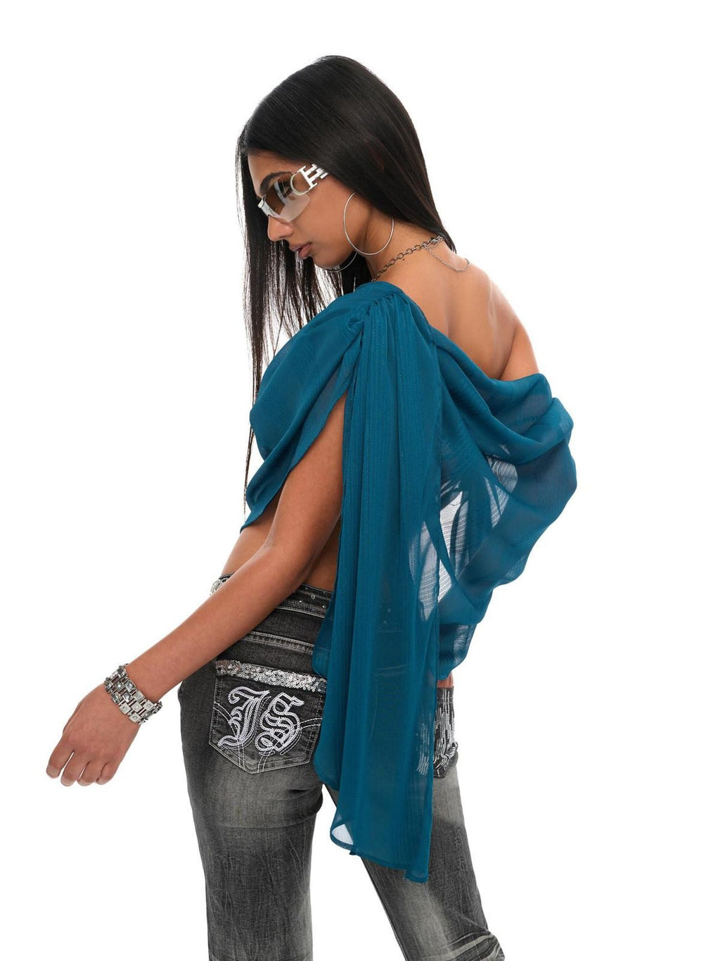 JYOSEI Sexy Shimmer Ruched Peacock Blue Asymmetric Loose One Size Women Chiffon Scarves