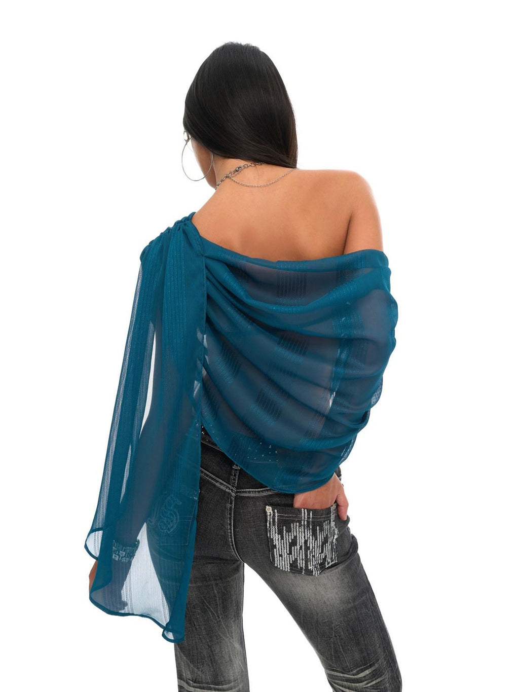 JYOSEI Sexy Shimmer Ruched Peacock Blue Asymmetric Loose One Size Women Chiffon Scarves