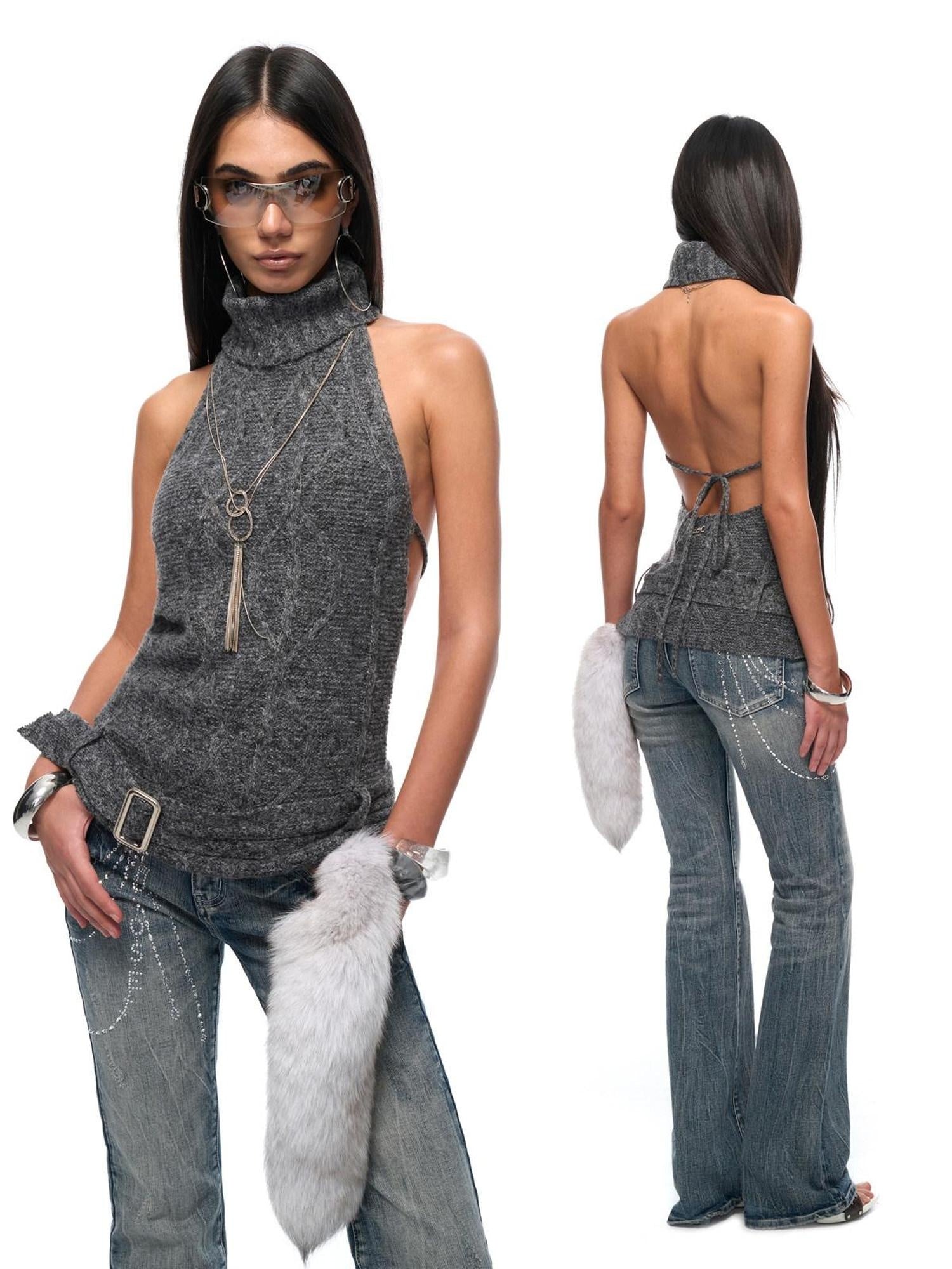 JYOSEI Sexy Slim Ribbed Backless Knit Tie Front Metal Accent Halter Crop Tops